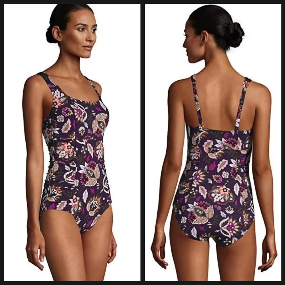 Lands' End Womens Rouched Squareneck One Piece Swimsuit